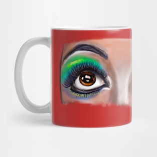 Lashes eyelashes, brown eyes looking upwards with green eye shadow on pink background. The eyes have it, beauty is in the eye of the beholder Mug